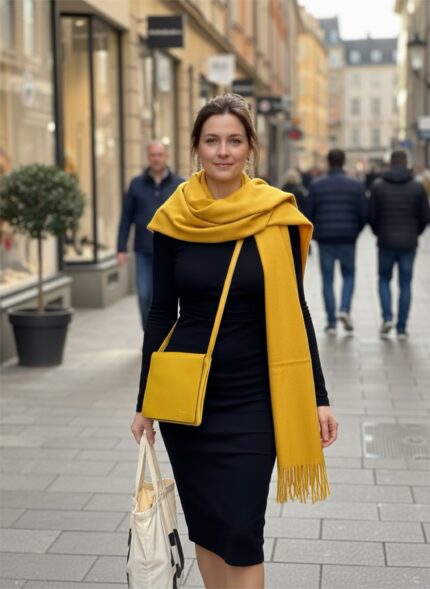 Sky Cashmere Winterschal in MustardYellow mit Clutch