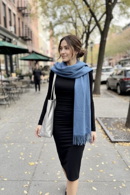 Sky Cashmere Winterschal in BlueberryMilk mit Shopper Madrid in Silver