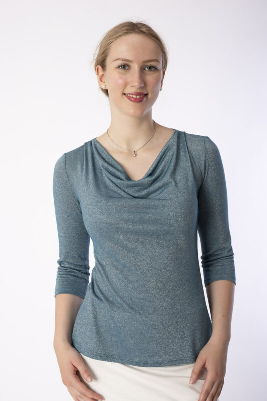 Fair Fashion, elegantes Wasserfallshirt Dreiviertelarm mit Lurex in Farbe Azur