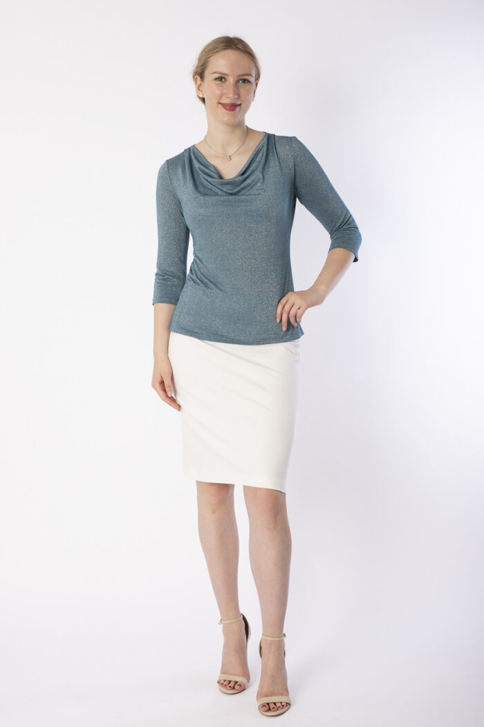 Feminines Shirt LIZ mit dreiviertellangem Arm und Schößchen, Lurexjersey