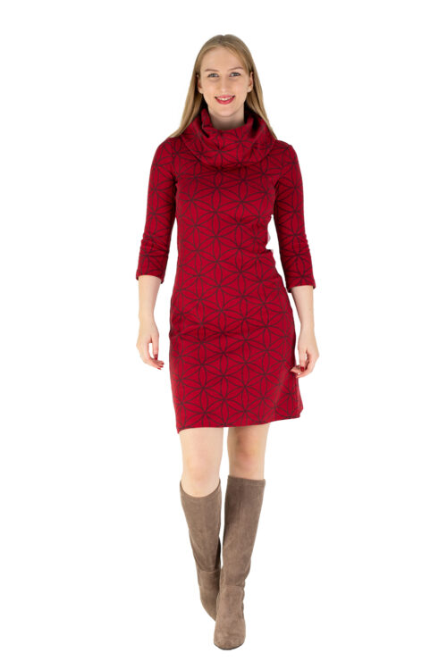 Winterkleid Lena mit großem Kragen in rotem Jaquardmuster