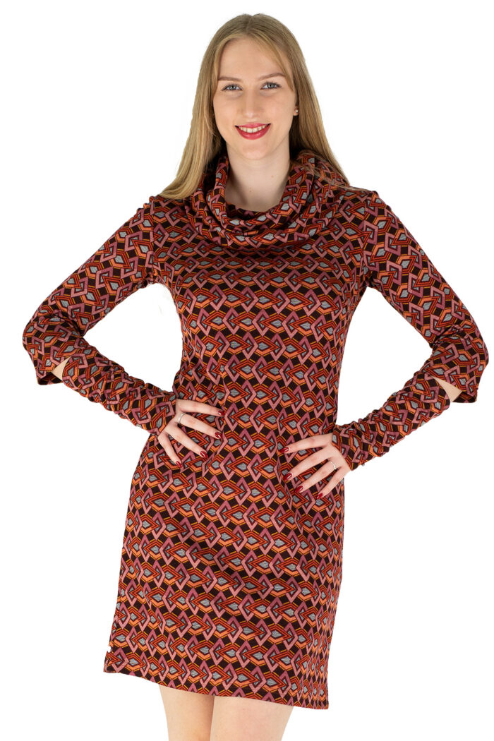 Kleid Lena mit großem Kragen in Retromuster Chili mit Wendestulpen