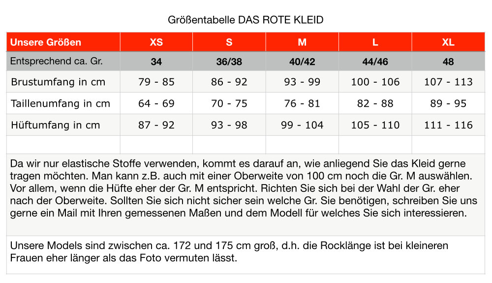 Maßtabelle Onlineshop