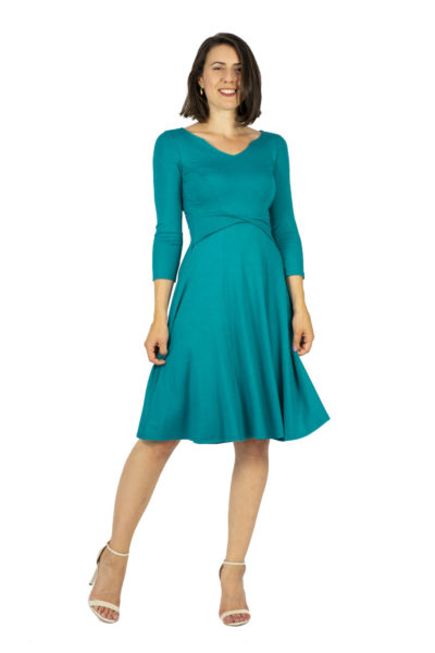 Schwingendes Tanzkleid Sabina mit Dreiviertel-Arm und Wendegürtel in türkis