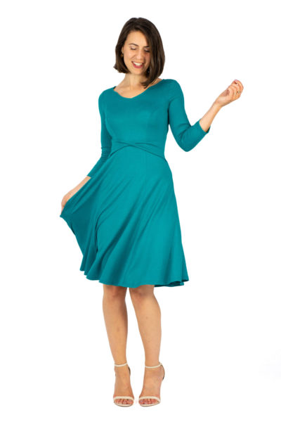 Schwingendes Tanzkleid Sabina mit Dreiviertel-Arm und Wendegürtel in türkis