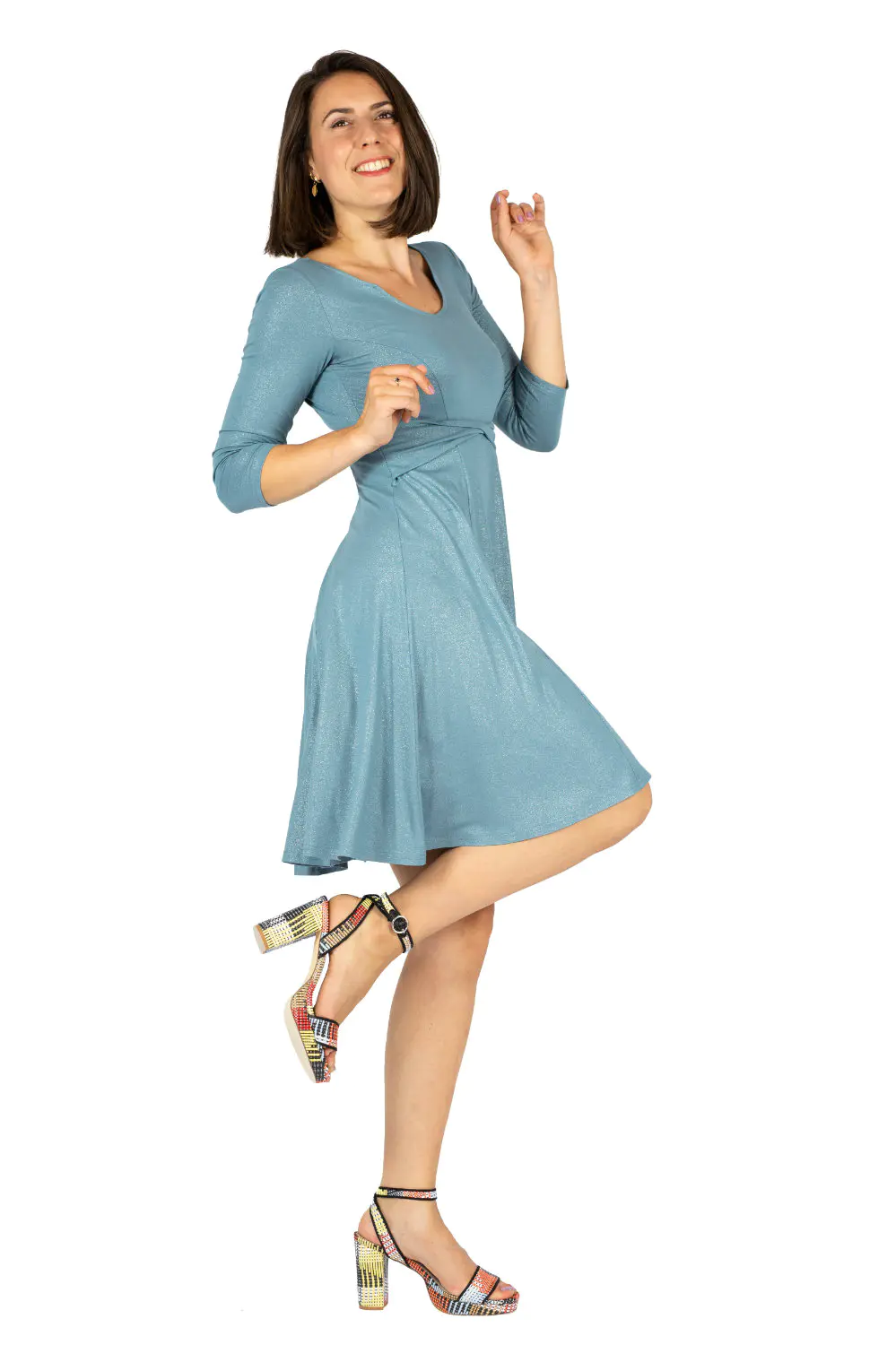 Schwingendes Tanzkleid Sabina mit Dreiviertel-Arm und Wendegürtel in blau