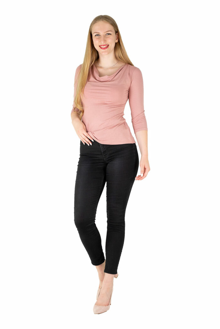 Fair Fashion, elegantes Wasserfallshirt Dreiviertelarm aus Viskosejersey mit dezentem Glitzerdruck, roséfarbe